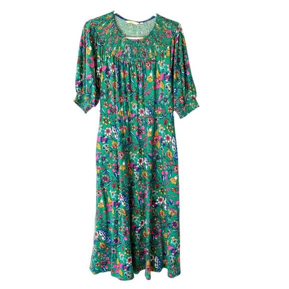 Boden Smocked Neck Jersey Midi Dress Highland Green Floral size 8 No Belt - Picture 5 of 13